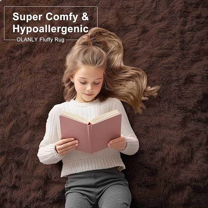 OLANLY 7x10 Machine Washable Large Area Rugs for Living Room, Bedroom, Soft Fluffy Shaggy Bedside Rug, Indoor Floor Carpet for Kids Girls and Boys, Dorms, Nursery, Home Decor Aesthetic, Coffee