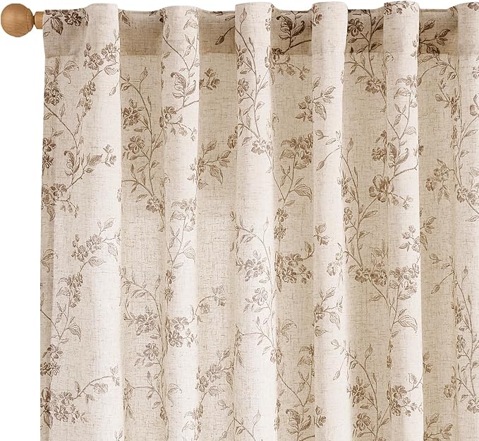 Lazzzy Farmhouse Linen Curtains Extra Long Taupe Floral Curtains 108 Inch Length Back Tab Drapes for Living Room Bedroom Light Filtering Country Vintage Rod Pocket, 2 Panels, Taupe on Beige