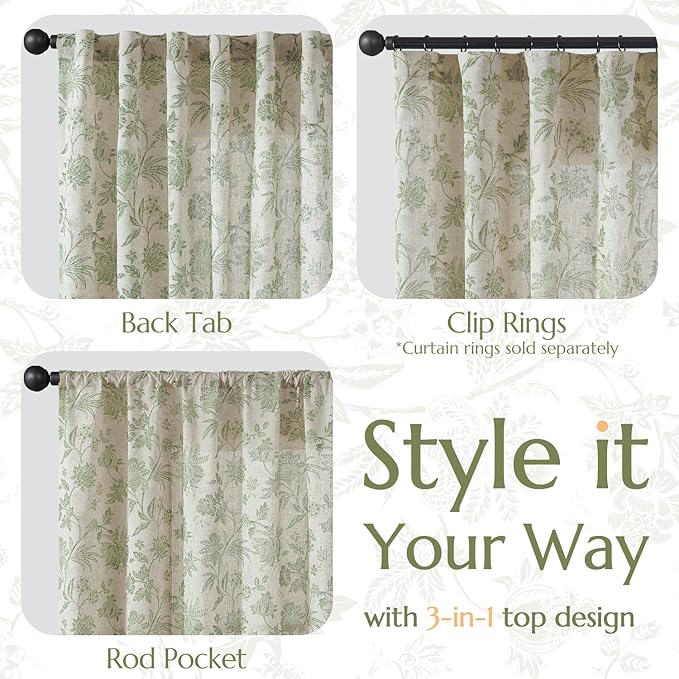 jinchan Linen Floral Curtains for Living Room with Printed Flower 90 Inches Long Light Filtering French Country Back Tab Rod Pocket Sage Green Window Curtain Set Farmhouse Drapes 2 Panels