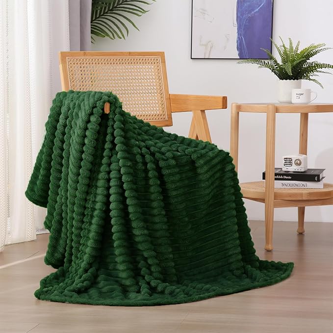 Green Fleece Throw Blanket 108”×90” for Couch Sofa Bed,Super Soft Cozy Plush Microfiber Flannel Blanket with Stripes Design Lightweight for Adults,Woman,Girls