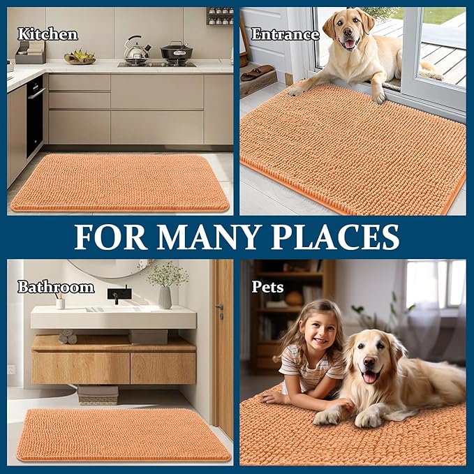 OLANLY Dog Door Mat for Muddy Paws 40x24, Absorbs Moisture and Dirt, Absorbent Non-Slip Washable Doormat, Quick Dry Chenille Mud Mat for Dogs, Entry Indoor Entryway Carpet for Inside Floor, Orange