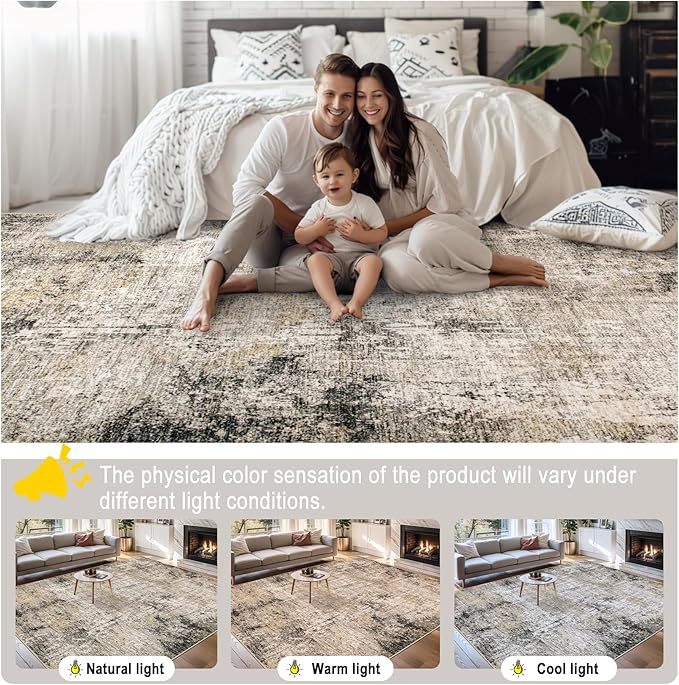 Area Rugs 10x14 Living Room - Washable Rug Modern Abstract Soft Large Neutral Non-Slip Carpet Indoor Floor Thin Carpets for Bedroom Dining Room Farmhouse Nursery Home Office Brown Black Grey
