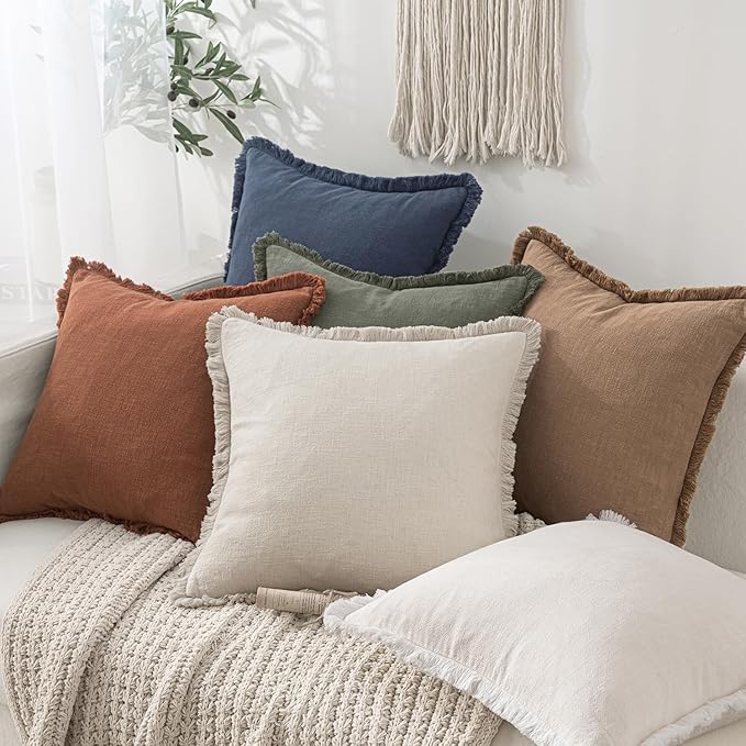 MIULEE Decorative Throw Pillow Covers Neutral Linen Fringe Throw Pillows Set of 2 Brick Boho Farmhouse Cushion Covers with Tassels for Couch Sofa Bed Living Room Spring Home Decor 18x18 Inch