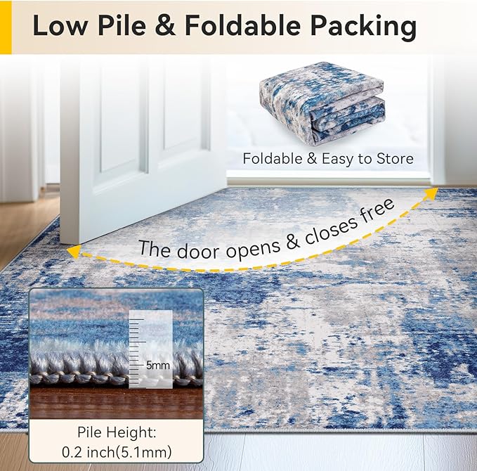 Washable Area Rugs Square 8ft Non-Slip Modern Abstract Soft for Living Room Entryway Bedroom Nursery, Print Pattern, Blue Grey Navy Gray