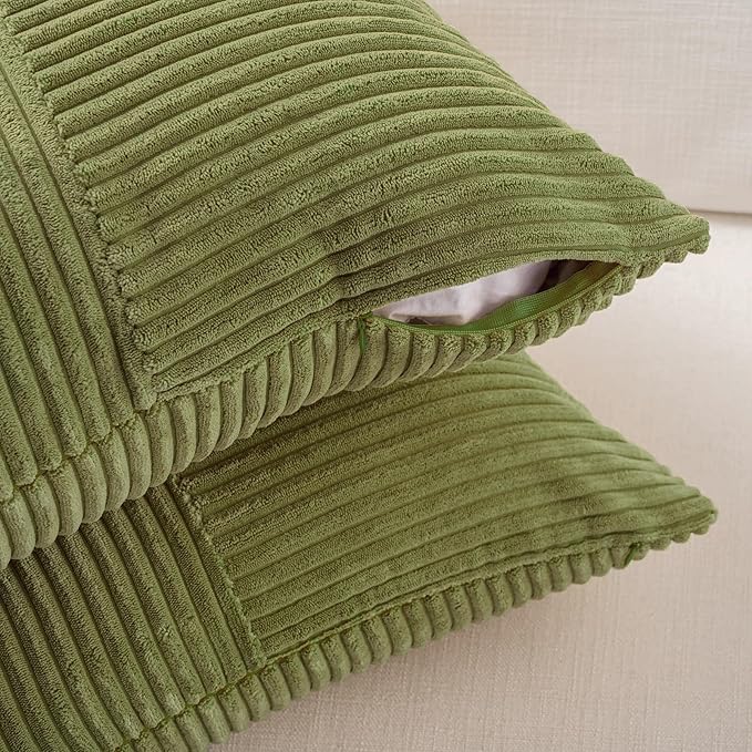 Fancy Homi 2 Packs Moss Green Lumbar Decorative Throw Pillow Covers 20x28 Inch for Living Room Couch Bed, Rustic Farmhouse Boho Home Decor, Soft Striped Corduroy Rectangle Accent Cushion Case 50x70 cm