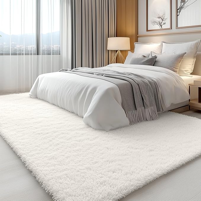 OLANLY 6x11 Machine Washable Large Area Rugs for Living Room, Bedroom, Soft Fluffy Shaggy Bedside Rug, Indoor Floor Carpet for Kids Girls and Boys, Dorms, Nursery, Home Decor Aesthetic, Ivory