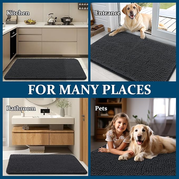 OLANLY Dog Door Mat for Muddy Paws 59x32, Absorbs Moisture and Dirt, Absorbent Non-Slip Washable Doormat, Quick Dry Chenille Mud Mat for Dogs, Entry Indoor Entryway Carpet for Inside Floor, Dark Grey