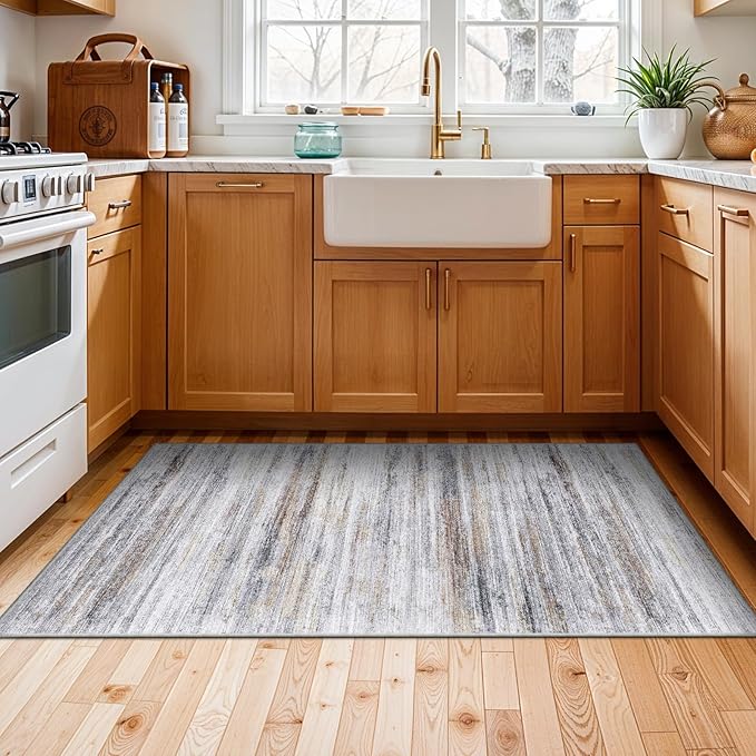 3x4 Rugs Washable Entry Rug: Easy-to-Clean Carpets for Large Entryway Hallway Kitchen Bedroom - Stain and Water Resistant Carpet with Non-Slip Backing - Soft Low-Pile Door Mat Beige Grey