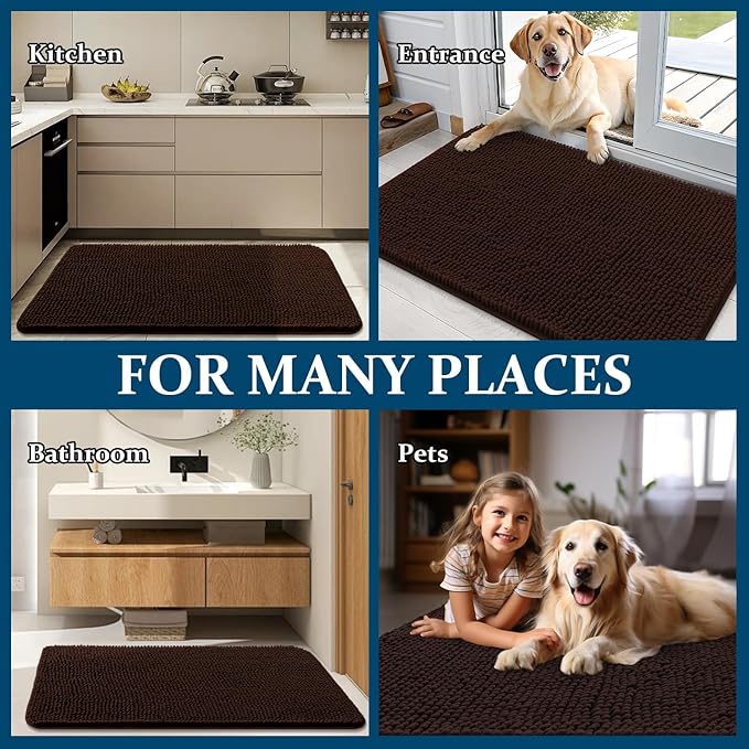 OLANLY Dog Door Mat for Muddy Paws 59x32, Absorbs Moisture and Dirt, Absorbent Non-Slip Washable Doormat, Quick Dry Chenille Mud Mat for Dogs, Entry Indoor Entryway Carpet for Inside Floor, Brown