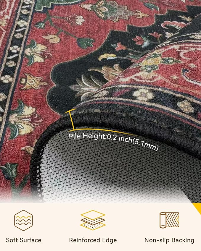 Area Rugs Round 8ft Washable Non-Slip, Floral Vintage Distress Print Pattern Medallion Carpet for Living Room Bedroom Dining Room, Red Black