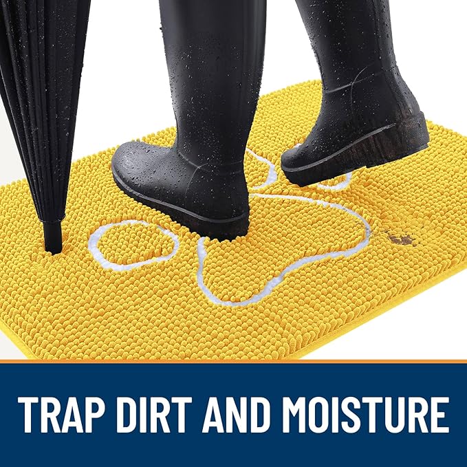 OLANLY Dog Door Mat for Muddy Paws 48x30, Paw Print Design, Absorbs Moisture and Dirt, Absorbent Non-Slip Washable Doormat, Quick Dry Chenille Mud Mat for Dogs, Entry Indoor Entryway Carpet, Yellow