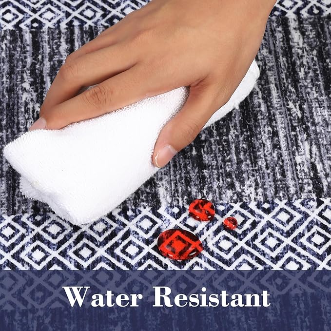 GarveeHome 2.5x8 Modern Bordered Runner Rug Soft Non Slip Washable Floor Carpet Distressed Geometric Hallway Indoor Printed Rug for Kitchen Entrance, Blue