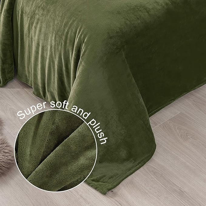 Exclusivo Mezcla Fleece Blanket King Size for Bed, Super Soft and Warm, All Season, Cozy, Plush, Lightweight, 90x104 Inches, Olive Green