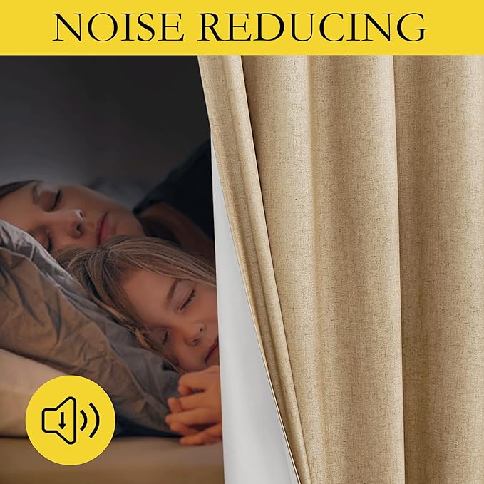 NICETOWN 100% Absolutely Blackout Linen Curtains with Thermal Insulated White Liner, Camel, W52 x L90, 2 Panels, Textured Linen Look Noise Reducing Window Treatments Drapes for Bedroom/Living Room