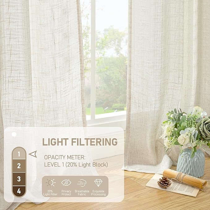 LAMIT Short Linen Curtains 36 Inch Length for Half Window, Cream Ivory Semi Sheer Light Filtering Panels Back Tab and Rod Pocket Drapes for Basement/Kitchen, 2 Panels, 25 x 36 Inch