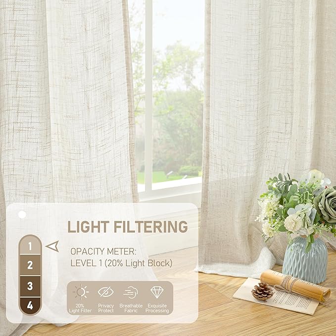 LAMIT Extra Wide Linen Curtains for Bedroom, Natural Cream Ivory Light Filtering Faux Linen Textured Panels Semi Sheer Back Tab and Rod Pocket Boho Drapes for Living Room, 2 Panels, 60 x 84 Inch