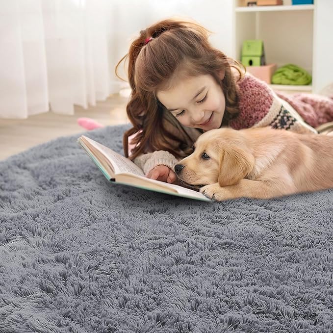OLANLY Light Grey Round Rugs for Bedroom - Machine Washable, 3 ft Circle Area Rugs for Living Room, Soft and Fluffy Shaggy Carpet for Teen Girls and Boys, Nursery Rooms, Dorms, Home Decor Aesthetic