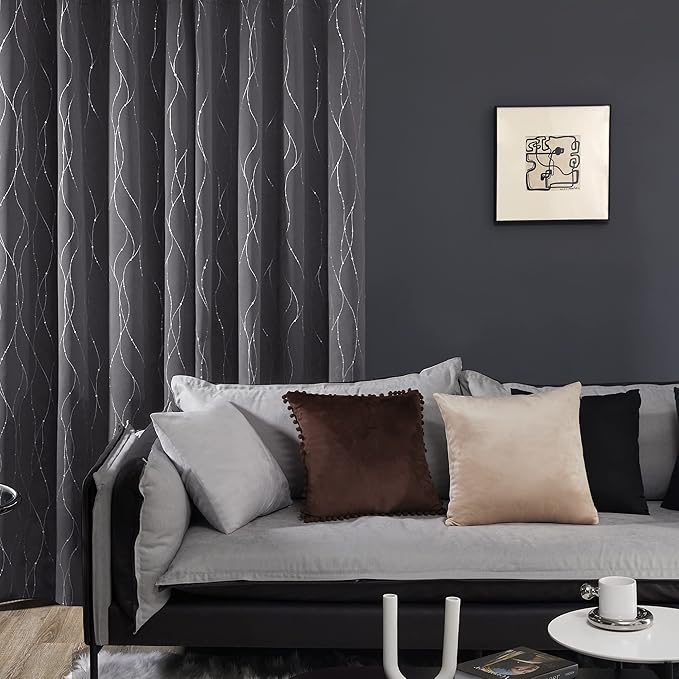 Deconovo Grey Blackout Curtains for Bedroom, Thermal Insulated Soundproof Drapes, Wave Dots Foil Print, 52 x 84 Inches Long, 2 Panels, Machine‑Washable Privacy Window Panel for Living Room Patio Door