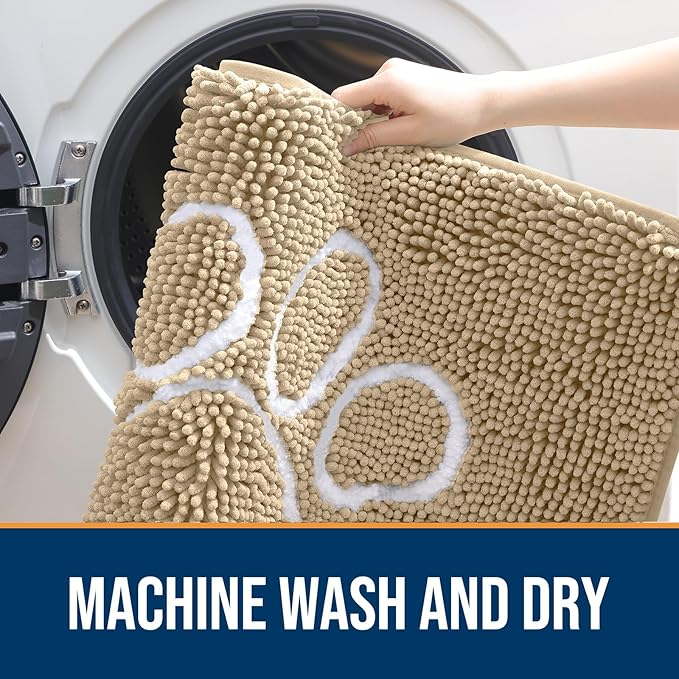 OLANLY Dog Door Mat for Muddy Paws 59x32, Paw Print Design, Absorbs Moisture and Dirt, Absorbent Non-Slip Washable Doormat, Quick Dry Chenille Mud Mat for Dogs, Entry Indoor Entryway Carpet, Beige