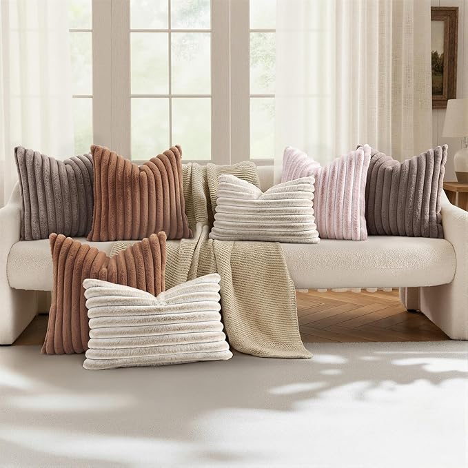 decorUhome Cozy Faux Fur Throw Pillow Covers 22x22 Set of 2 Decorative Soft Plush Striped Modern Farmhouse Boho Couch Euro Sham Pillow Cases with Velvet Back for Sofa Bed Living Roomr, Light Coffee