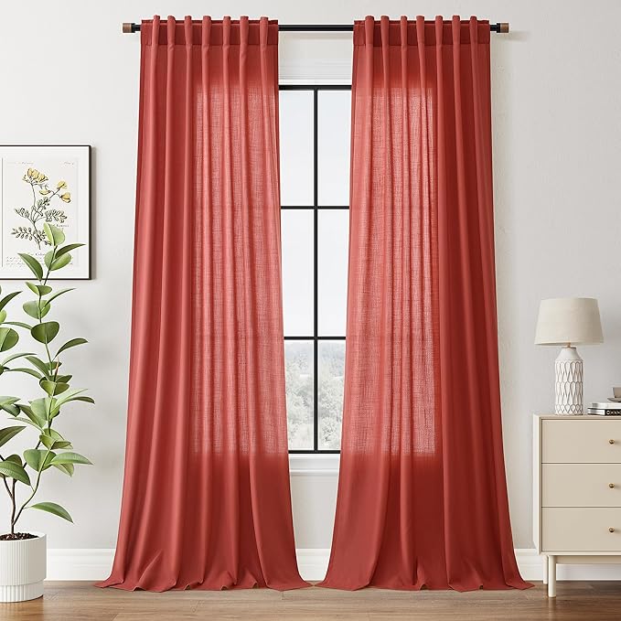 Christmas Red Linen Curtains 108 Inches Long for Living Room Light Filtering Semi Sheer Curtain Back Tab Vintage Neutral Rustic Home Decor Floor to Ceiling High Window for Bedroom 52x108,2 Panels