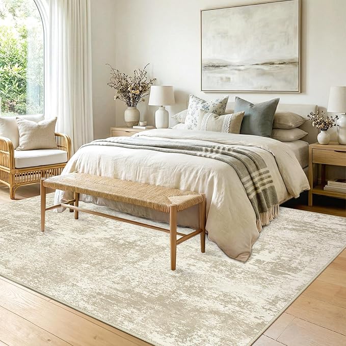 Washable Area Rugs 5'x7' Non-Slip Modern Abstract Soft for Living Room Entryway Bedroom Nursery, Print Pattern, Beige Cream Brown