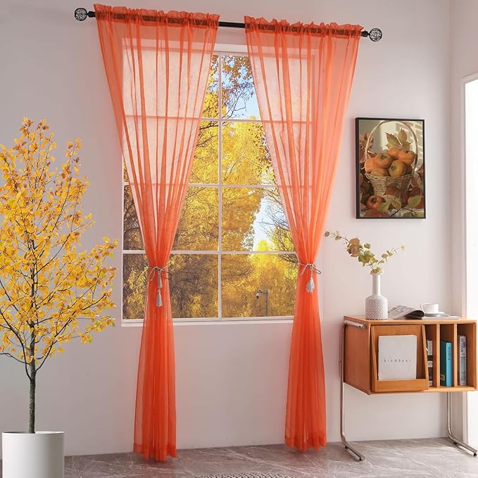 SpaceDresser Basic Rod Pocket Sheer Voile Window Curtain Panels Jaffa Orange 1 Pair 2 Panels 52 Width 63 Inch Long for Kitchen Bedroom Children Living Room Yard(Jaffa Orange,52 W x 63 L)