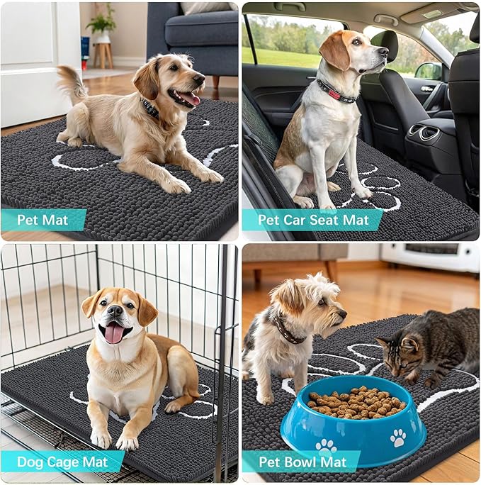 OLANLY Dog Door Mat for Muddy Paws 32x20, Paw Print Design, Absorbs Moisture and Dirt, Absorbent Non-Slip Washable Doormat, Quick Dry Chenille Mud Mat for Dogs, Entry Indoor Entryway Carpet, Dark Grey