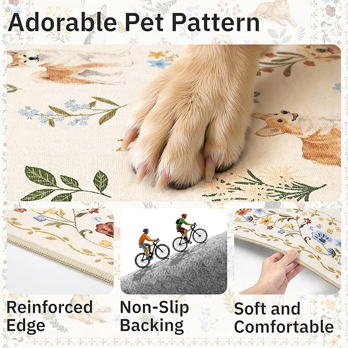 Dog 6x9 Area Rugs for Living Room, Machine Washable Animal Floral Vintage Rug Non-Slip Low Pile Soft Throw Rugs for Bedroom Dining Room Kitchen Nursery Playroom (6 x 9,Beige)