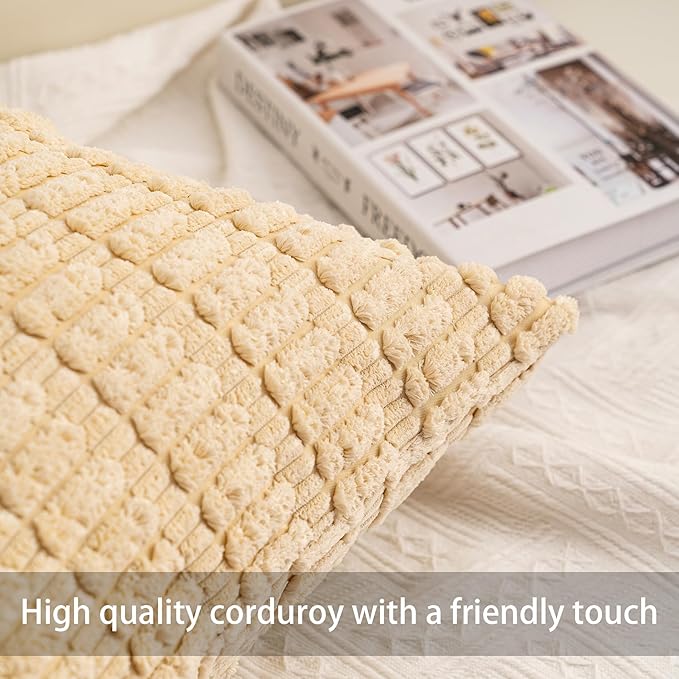 Pack of 2 Corduroy Decorative Throw Pillow Covers 18x18 InchSoft Boho Striped Pillow Covers Modern Farmhouse Home Decor for Sofa Living Room Couch Bed(Beige)
