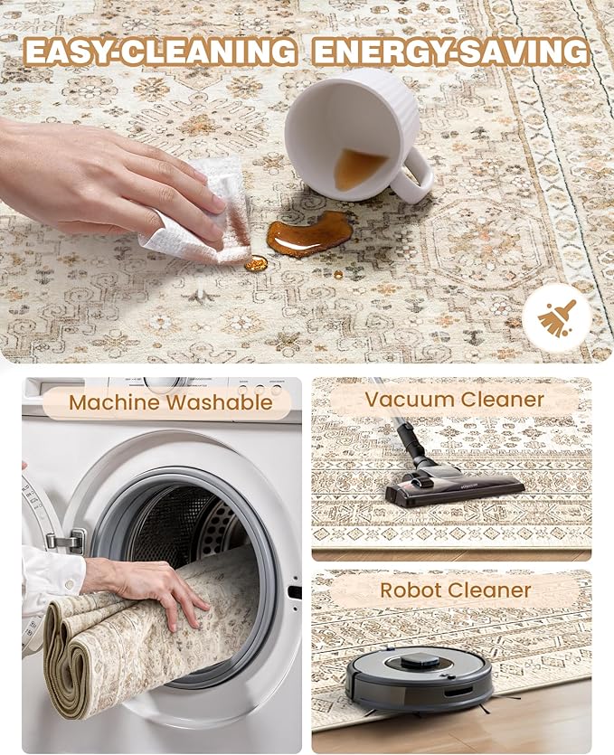 Hallway Runner Rug 2x12, Extra Long Washable Runner Rugs with Rubber Backing, Non Slip Runner, Vintage Rug Runners for Kitchen Laundry Room Entryway (Cream/Beige,2'x12')