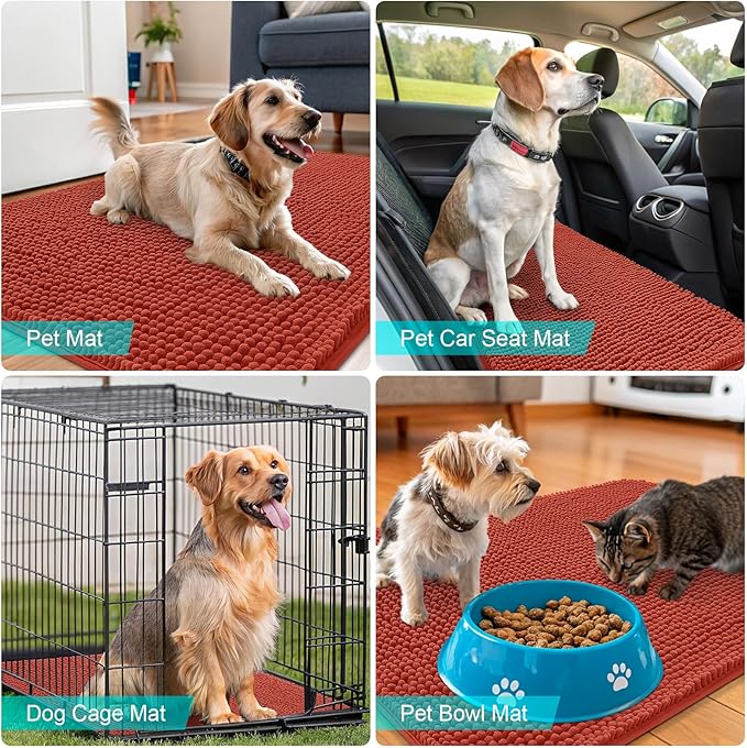 OLANLY Dog Door Mat for Muddy Paws 47x17, Absorbs Moisture and Dirt, Absorbent Non-Slip Washable Doormat, Quick Dry Chenille Mud Mat for Dogs, Entry Indoor Entryway Carpet for Inside Floor, Maple Red