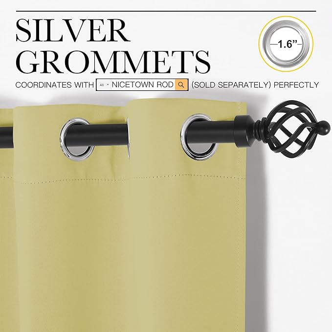 NICETOWN Room Darkening Curtains for Kitchen, Paler Yellow, Set of 2, 42 inches Wide by 50 inches Long, Window Treatment Thermal Insulated Solid Grommet Room Darkening Curtains/Drapes for Bedroom