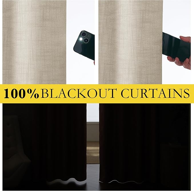 NICETOWN Taupe 100% Blackout Linen Curtains 63 inch Long Burg, Farmhouse Thick Completely Blackout Window Treatment Panels Thermal Insulated Drapes for Living Room (1 Pair, 52" Width Each Panel)
