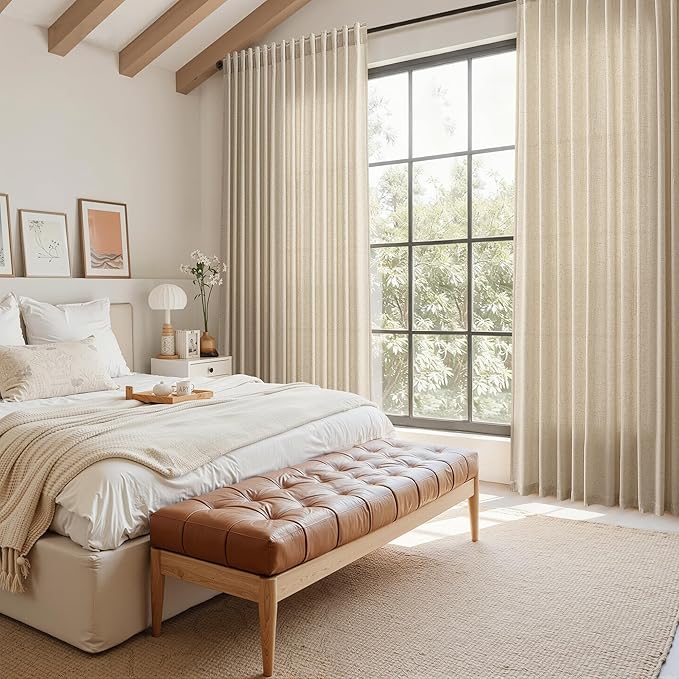 Nanspring Taupe Burlywood Curtains 96 Inches Long for Living Room Flax Linen Light Filtering Country Farmhouse Decor Curtains Back Tab Privacy Semi Sheer Curtain for Bedroom 52x96, 2 Panels