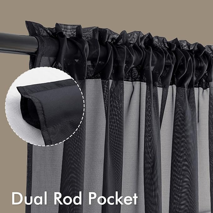 MIULEE Black Sheer Curtains 90 Inches Long, 4 Panels Set, Light Filtering Halloween Rod Pocket Voile Drapes for Living Room and Bedroom, Airy Soft Fabric Window Treatments, 54 x 90 Inches