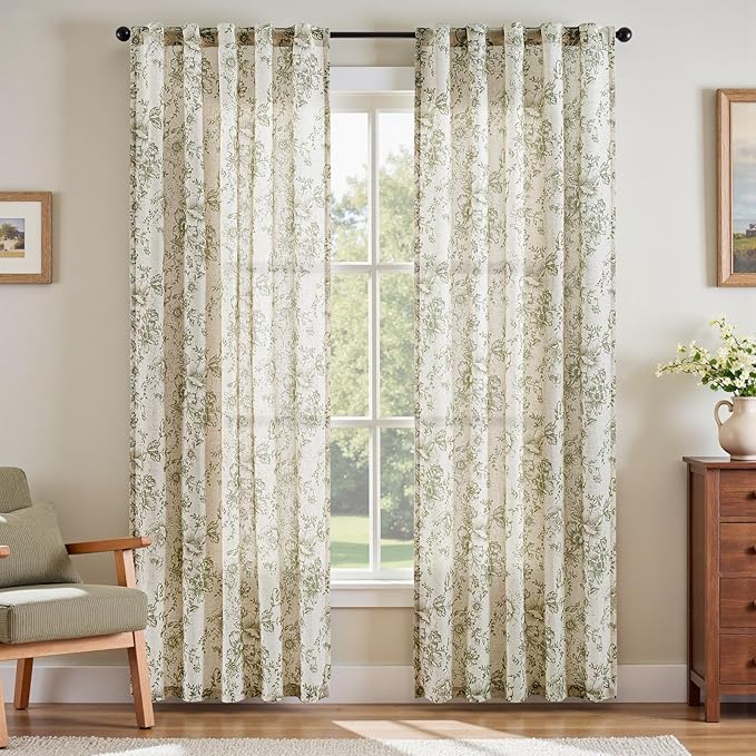 jinchan Linen Blend Floral Curtains for Living Room 90 Inch Length Farmhouse Printed Curtain Rod Pocket Back Tab Sage Green Peony Flower Patterned Drapes Bedroom Curtains Set 2 Panels