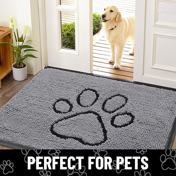 Smiry Dog Door Mat for Muddy Paws, Absorbent Dirt Trapper Non Slip Quick Dry Washable Chenille Mat for Mud Dogs, Entry Rug for Indoor and Outdoor (44x32 Inches, Grey and Black)