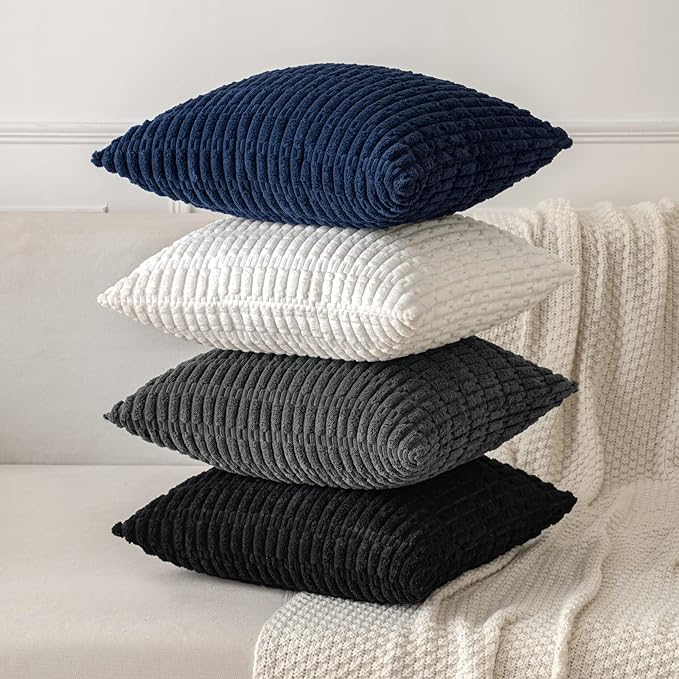 MIULEE Pack of 2 Corduroy Decorative Throw Pillow Covers 20x20 Inch Soft Boho Striped Pillow Covers Modern Farmhouse Home Decor for Halloween Sofa Living Room Couch Bed Black