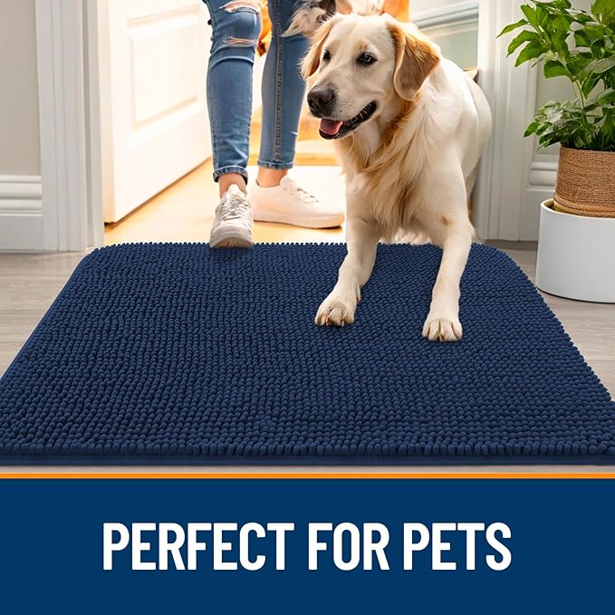 OLANLY Dog Door Mat for Muddy Paws 59x20, Absorbs Moisture and Dirt, Absorbent Non-Slip Washable Doormat, Quick Dry Chenille Mud Mat for Dogs, Entry Indoor Entryway Carpet for Inside Floor, Dark Blue