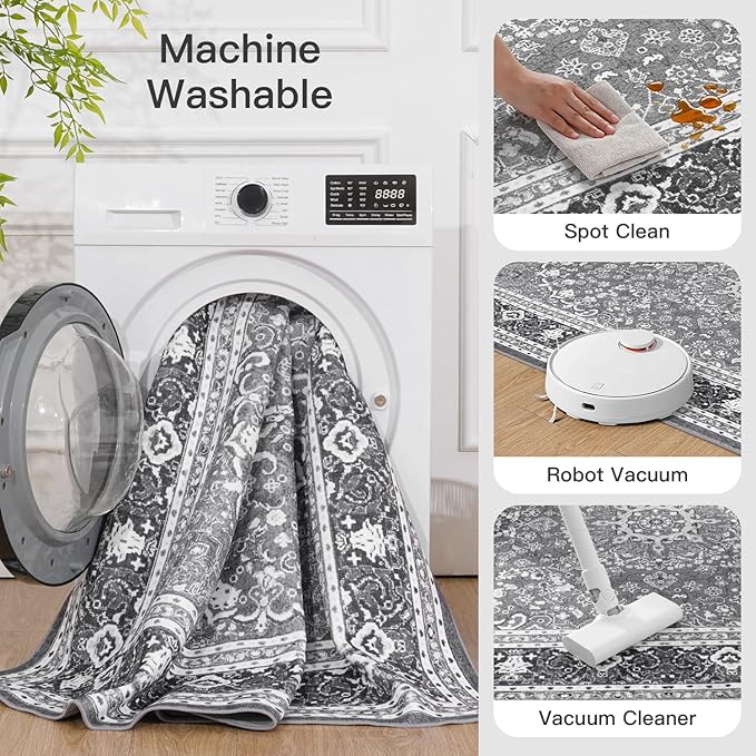 Lofus 6x9 Area Rugs for Living Room, Machine Washable Non-Slip Area Rug, Low Pile Large Rugs for Bedroom, Kitchen, Dining Room, Home Office, Vintage Oriental Print Rug, Light Grey with White