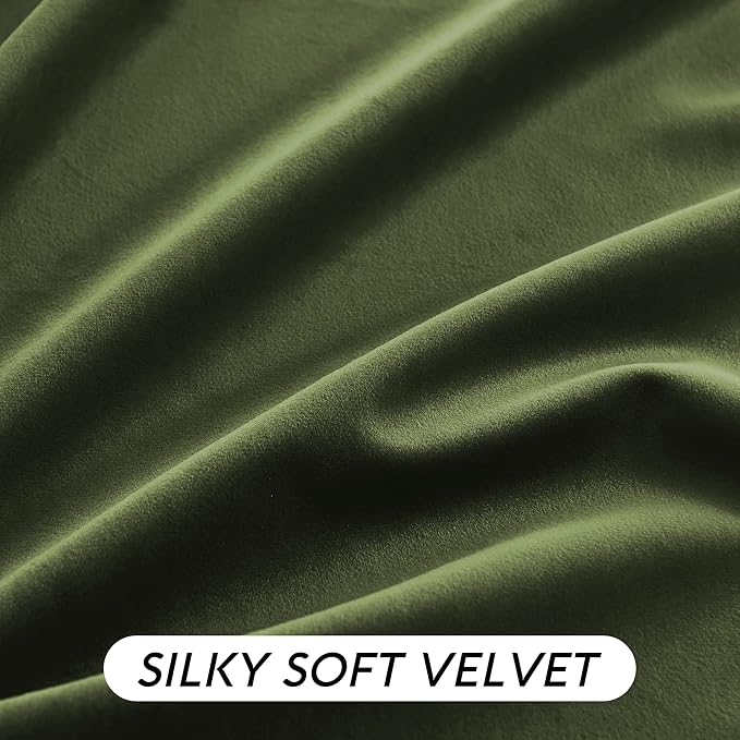 RYB HOME Green Velvet Curtains 96 inch, Solid Room Darkening Window Curtains for Living Room Light & Draft Block Privacy Backdrop with Pleat Tape Pocket& Tabs, Olive Green, W52 x L96 inch, 2 Panels