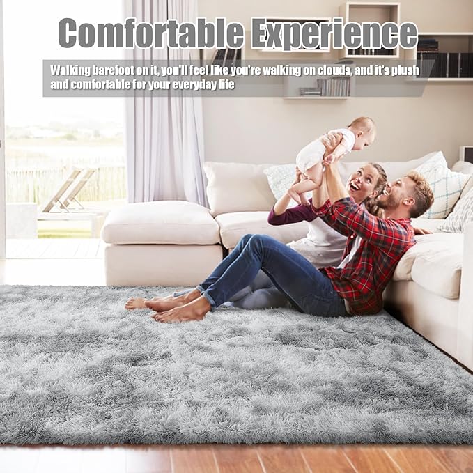 Ultra Soft Fluffy Area Rugs for Bedroom Living Room 10x14, Nursery Rug, Non-Slip Carpet for Kids Dorms Decor, Shaggy Bedside Rug, Tie-Dyed Light Grey
