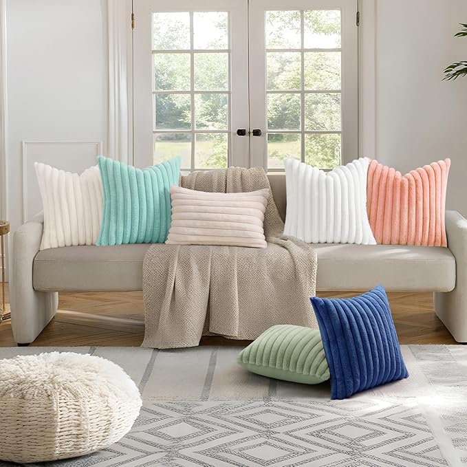 decorUhome Cozy Faux Fur Throw Pillow Covers 26x26 Set of 2 Decorative Soft Plush Striped Modern Farmhouse Boho Couch Euro Sham Pillow Cases with Velvet Back for Sofa Bed Living Room, Blue