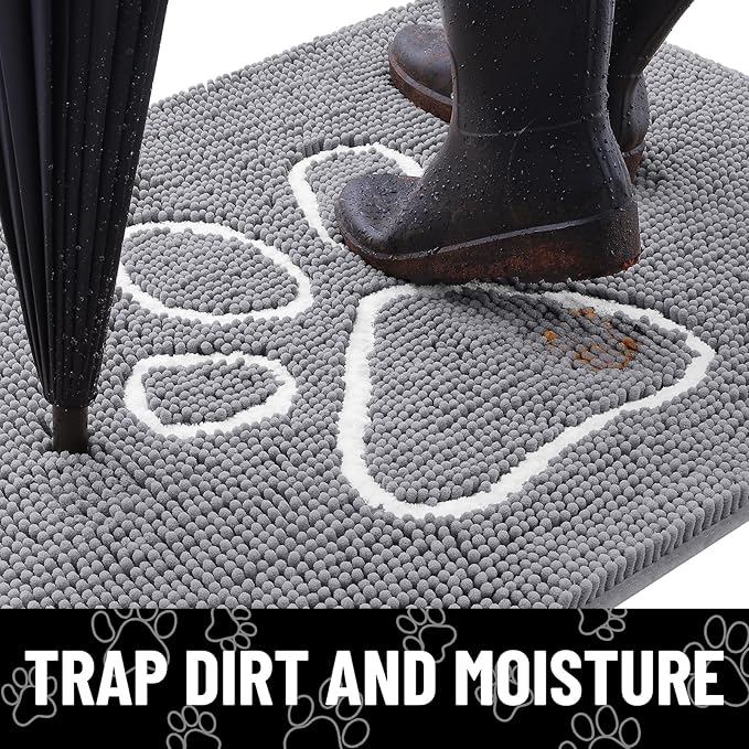 Smiry Dog Door Mat for Muddy Paws, Absorbent Dirt Trapper Non Slip Quick Dry Washable Chenille Mat for Mud Dogs, Entry Rug for Indoor and Outdoor (48x30 Inches, Grey and White)