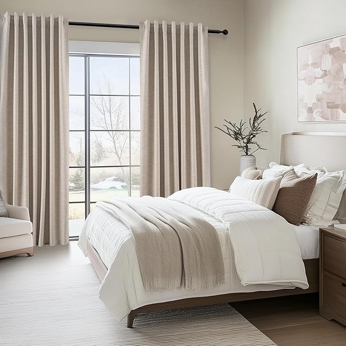 Extra Long Linen Blackout Curtains 132 Inches Long for Bedroom Farmhouse High Ceiling Mount Track Tall Curtain with Hooks Drapes for Sliding Glass Patio Doors 11ft 100% Black Out (W52 xL132 2Panels)