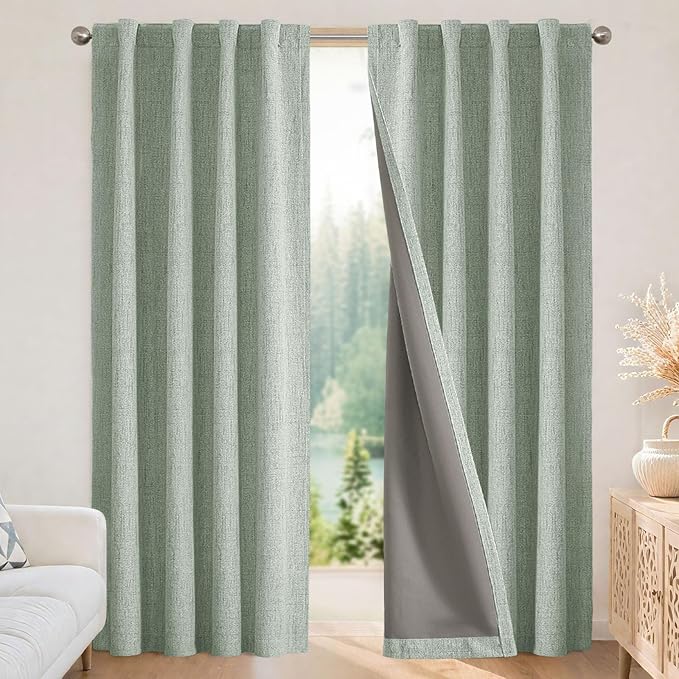 Joydeco Blackout Curtains for Bedroom - 100% Light Blocking 2 Panels Sage Green Drapes 66" W x 96" L, Thermal Insulated Room Darkening Curtains, Linen Textured for Living Room, Rod Pocket & Back Tabs