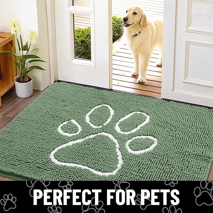 Smiry Dog Door Mat for Muddy Paws, Absorbent Dirt Trapper Non Slip Quick Dry Washable Chenille Mat for Mud Dogs, Entry Rug for Indoor and Outdoor (36x24 Inches, Olive Green and White)