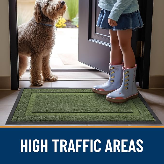 OLANLY Front Door Mat Indoor Outdoor Entrance, Waterproof All-Season, All-Weather Doormat, Sturdy Natural Rubber, Low Profile, Easy Clean Patio Porch Entryway Mat, 47x17, Classic Green