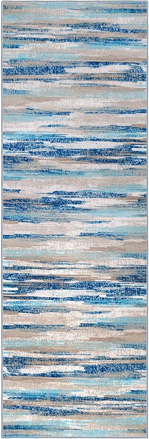 Lansny Modern Abstract Runner Rug 2.6x10, Blue Washable Long Kitchen Runner Non-Slip Soft Hallway Rug Runner Thin Print Faux Wool Carpet for Entryway Bedroom Laundry Room Indoor Home Decor